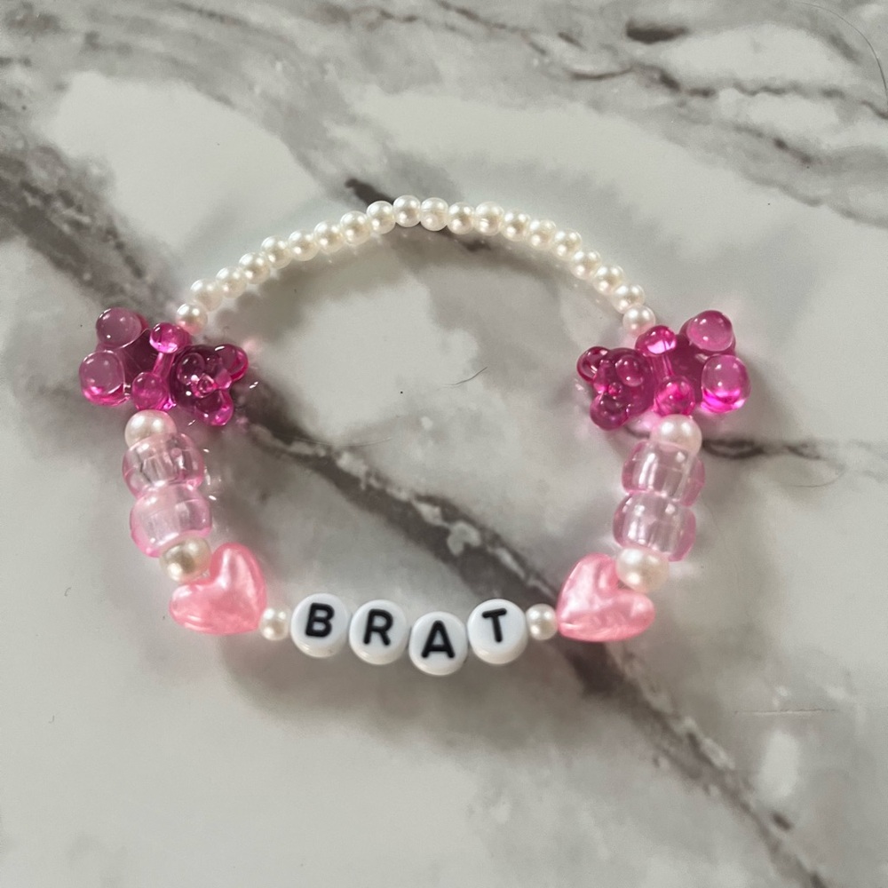 Handmade “Brat” Kandi bead and faux pearl stretch bracelet